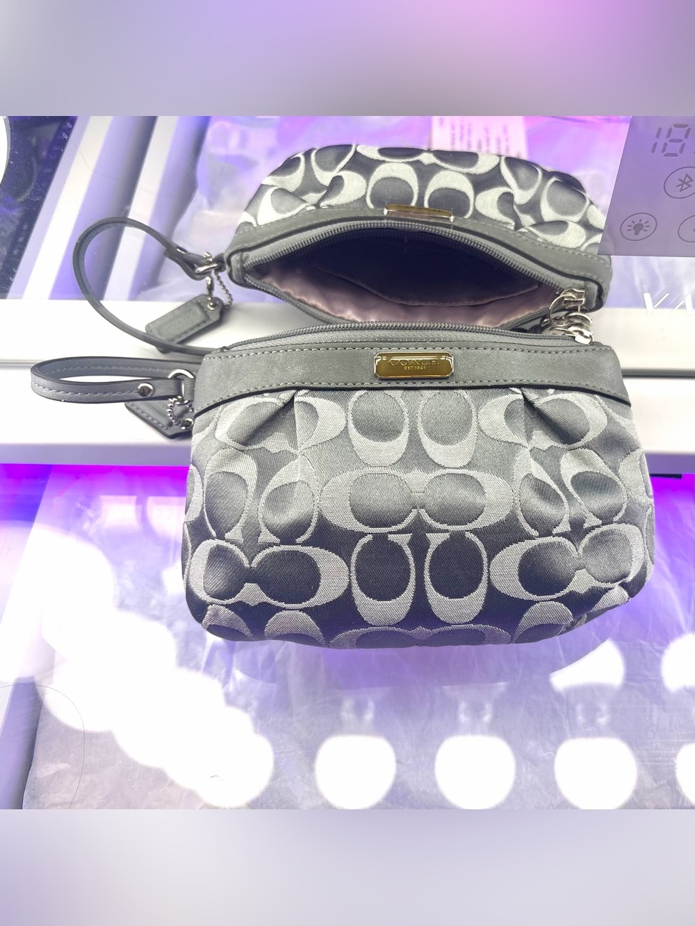 Coach Gray Signature Wristlet Pouch with Gold Plaque